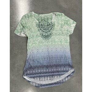 Style & Co Women's Boho Ombre Tunic Top Green Blue Paisley Print Beaded Size L